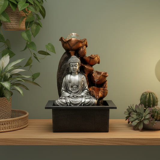 Tabletop Water Feature - 35cm - Silver Buddha Cascade & Crystal Ball