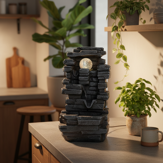 Tabletop Water Feature – 35cm – Slab Rocks Formation & Crystal Ball