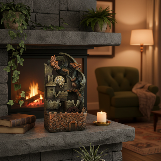 35cm Dragons Tabletop Water Feature | Crystal Ball & Water Wheel | Essex