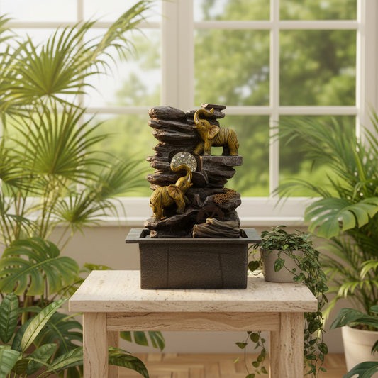 Tabletop Water Feature - 35cm - Elephants, Crystal Ball & Water Wheel