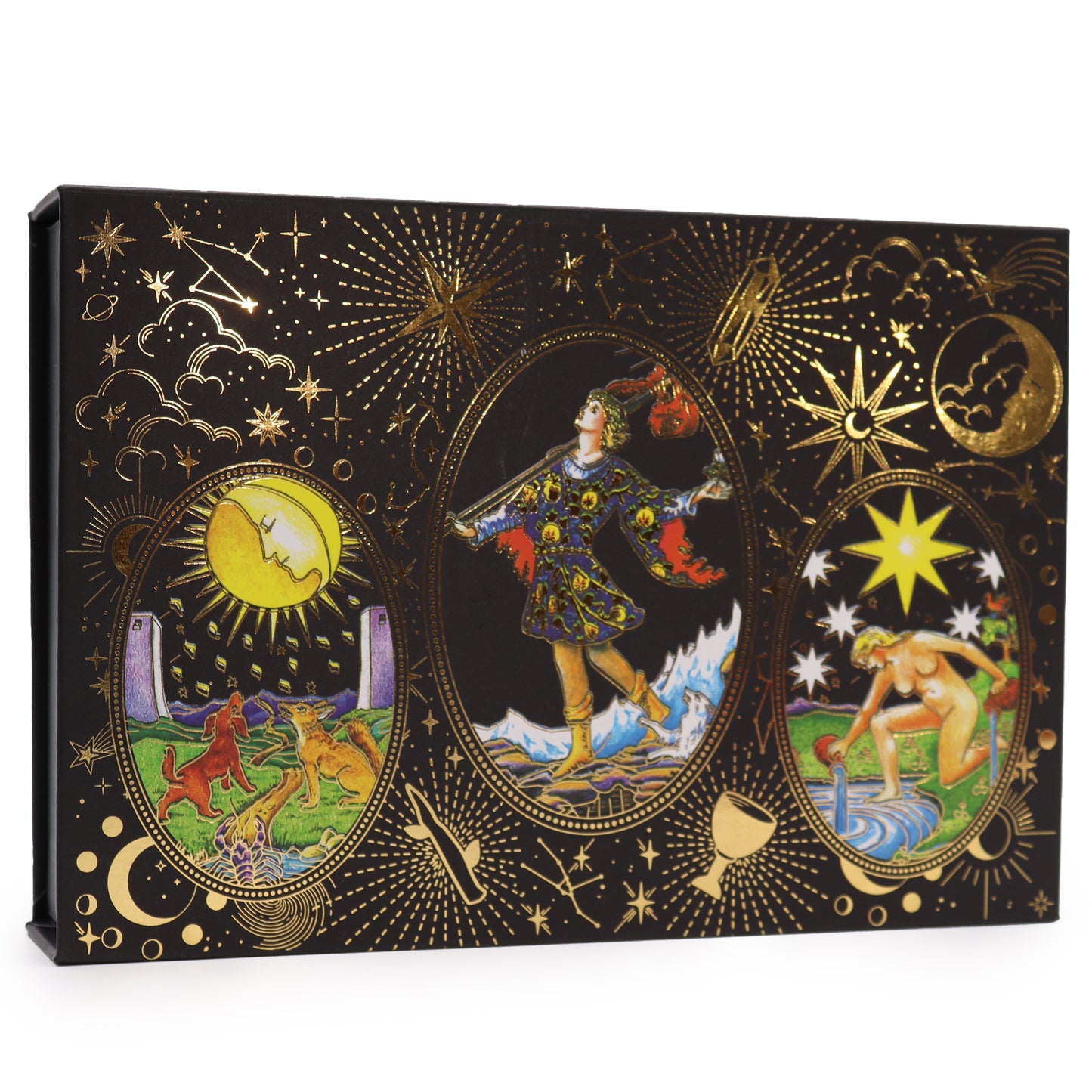 Decorative box with astrological design featuring a central figure, sun, moon, and celestial elements.