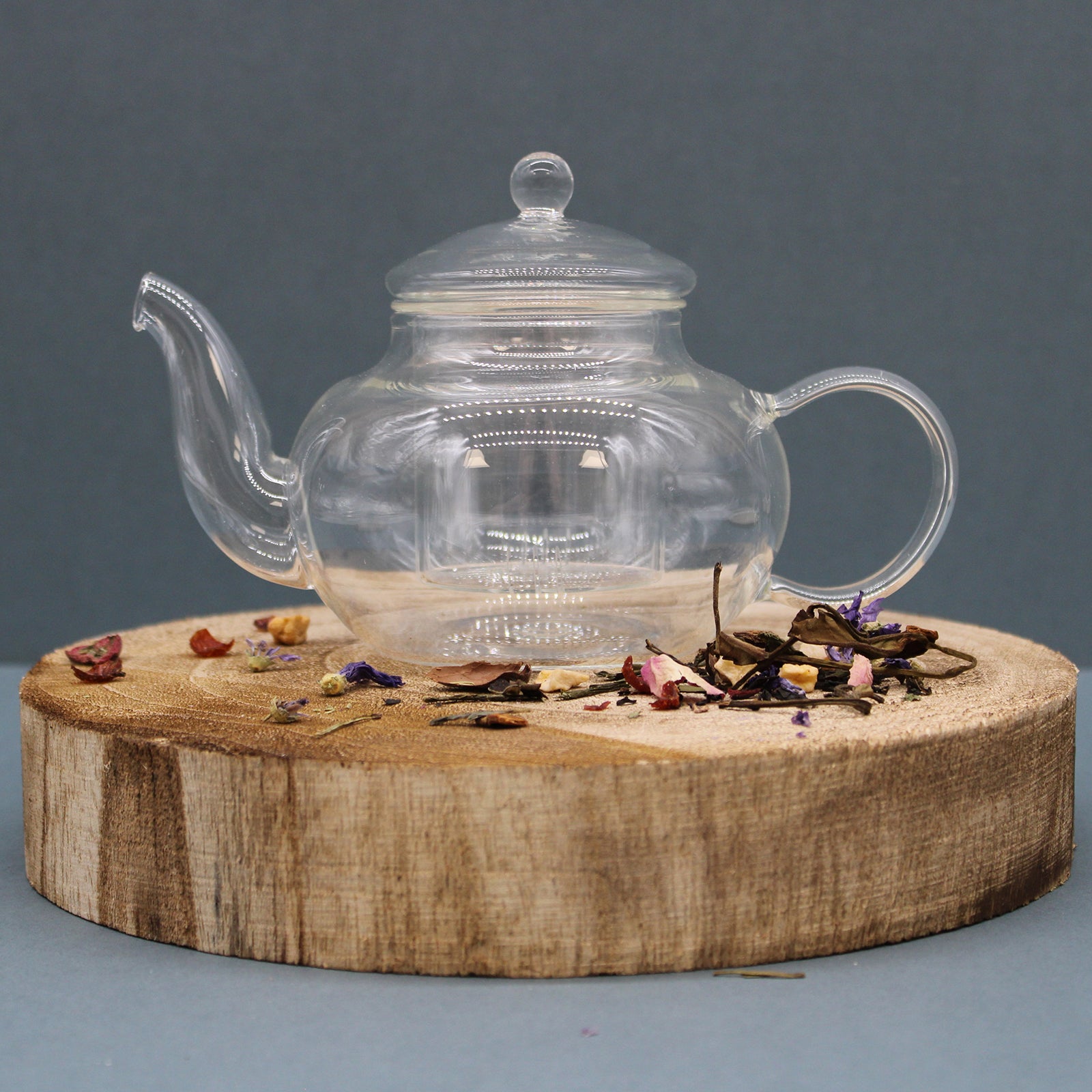 sitting on a wooden display plate - Glass Infuser Teapot - Round Pearl - 400ml