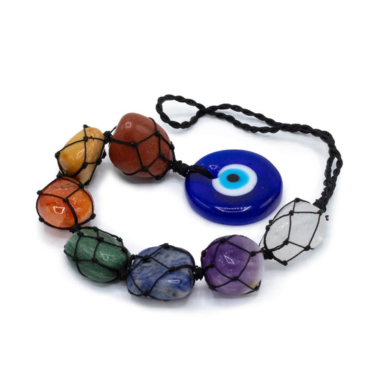 Hanging Chakra Stone Pendant - Evil Eye colorful Gemstones and a blue evil eye charm on a white background