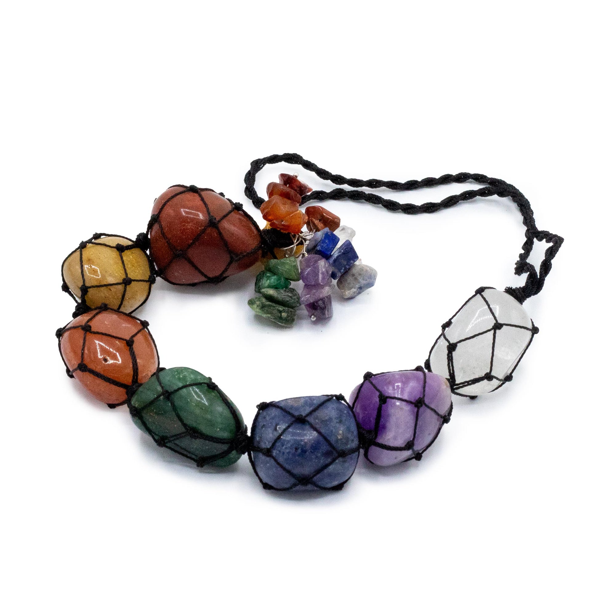 Hanging Chakra Stone Pendant - Seven Chakra Chips  multicolored gemstone beads on a white background