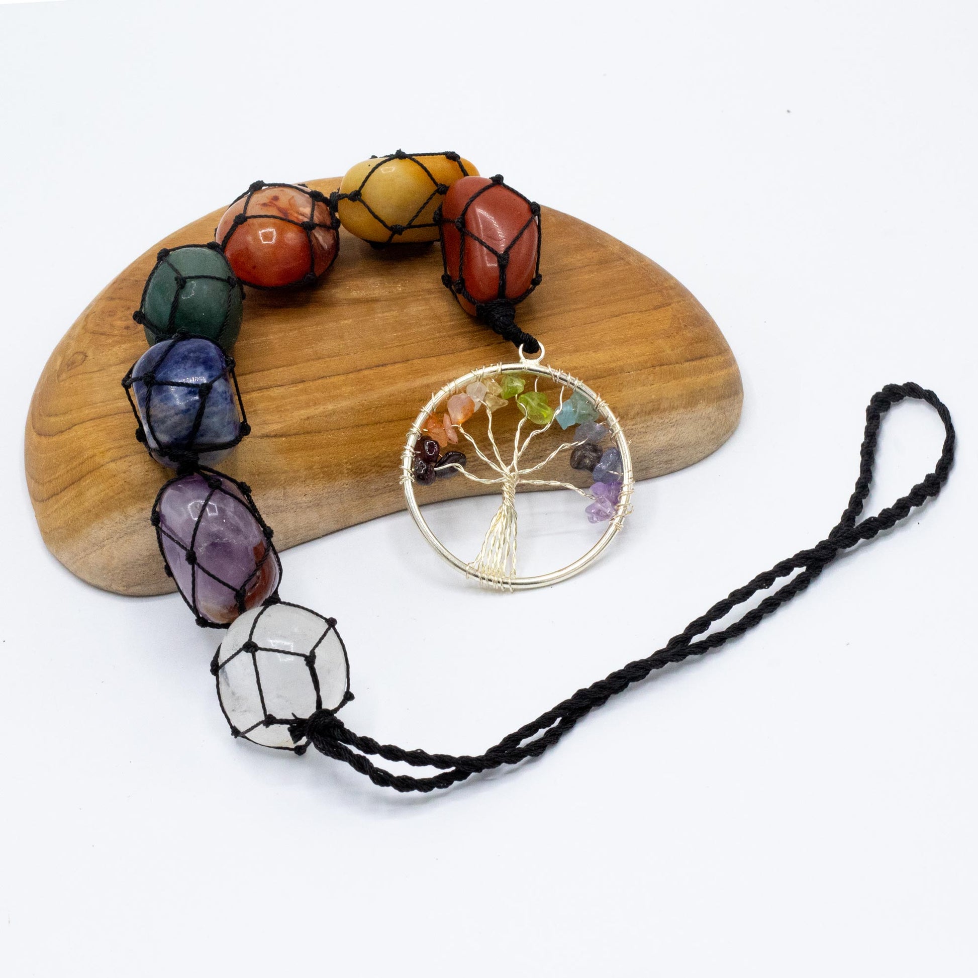 Hanging Chakra Stone Pendant - Tree of Life on a wooden base
