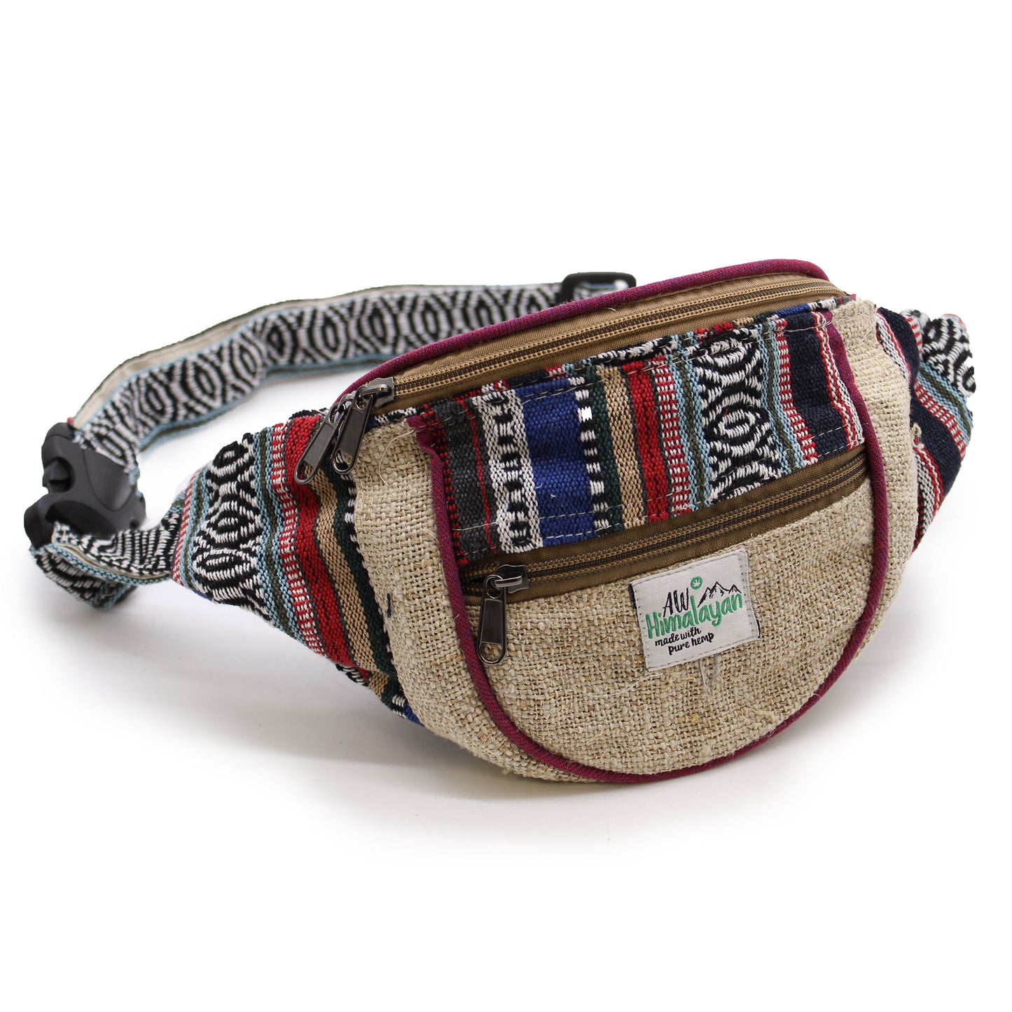 Fanny pack with colorful patterned strap on a white background