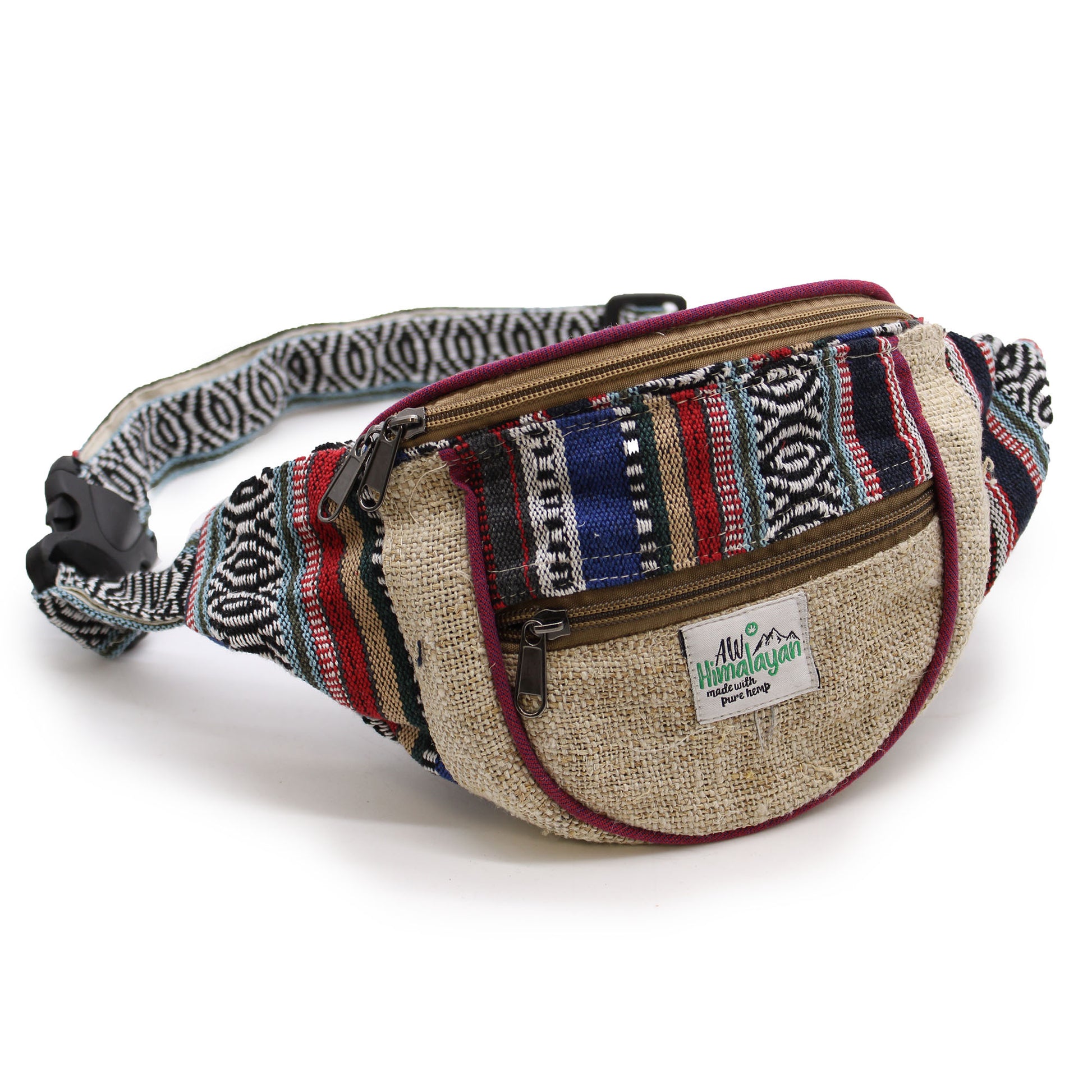 Fanny pack with colorful patterned strap on a white background