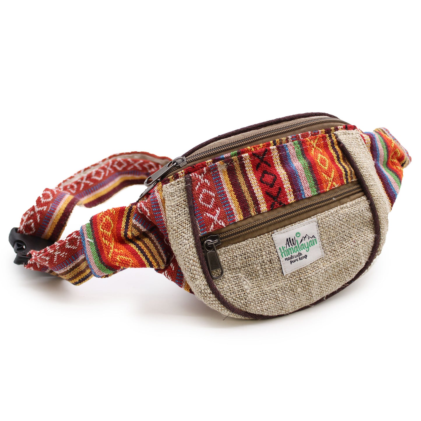 Multicolored patterned waist bag with a visible brand label on a white background