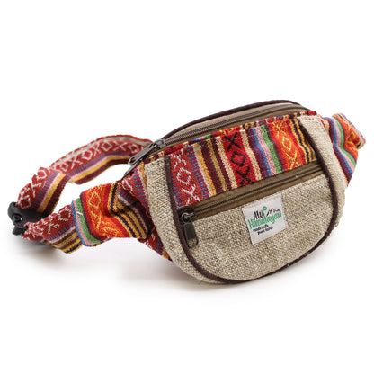 Multicolored patterned waist bag with a visible brand label on a white background