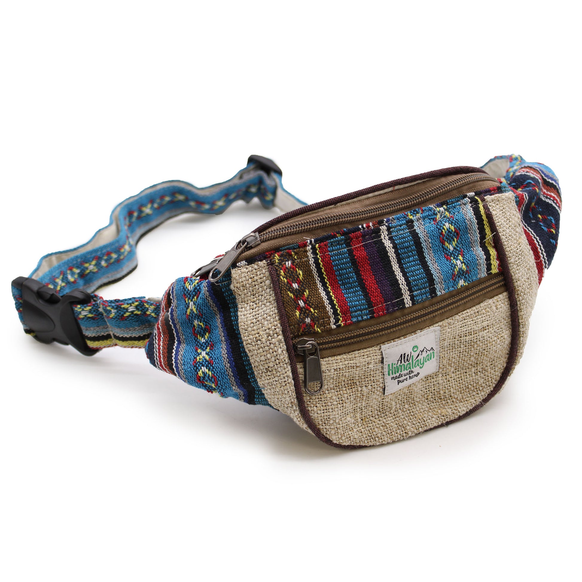 Multicolored Blue bag with a visible brand label on a white background