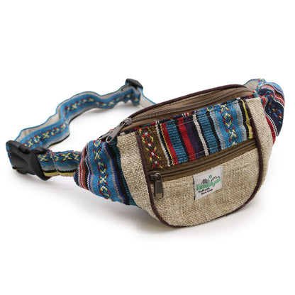 Multicolored Blue bag with a visible brand label on a white background