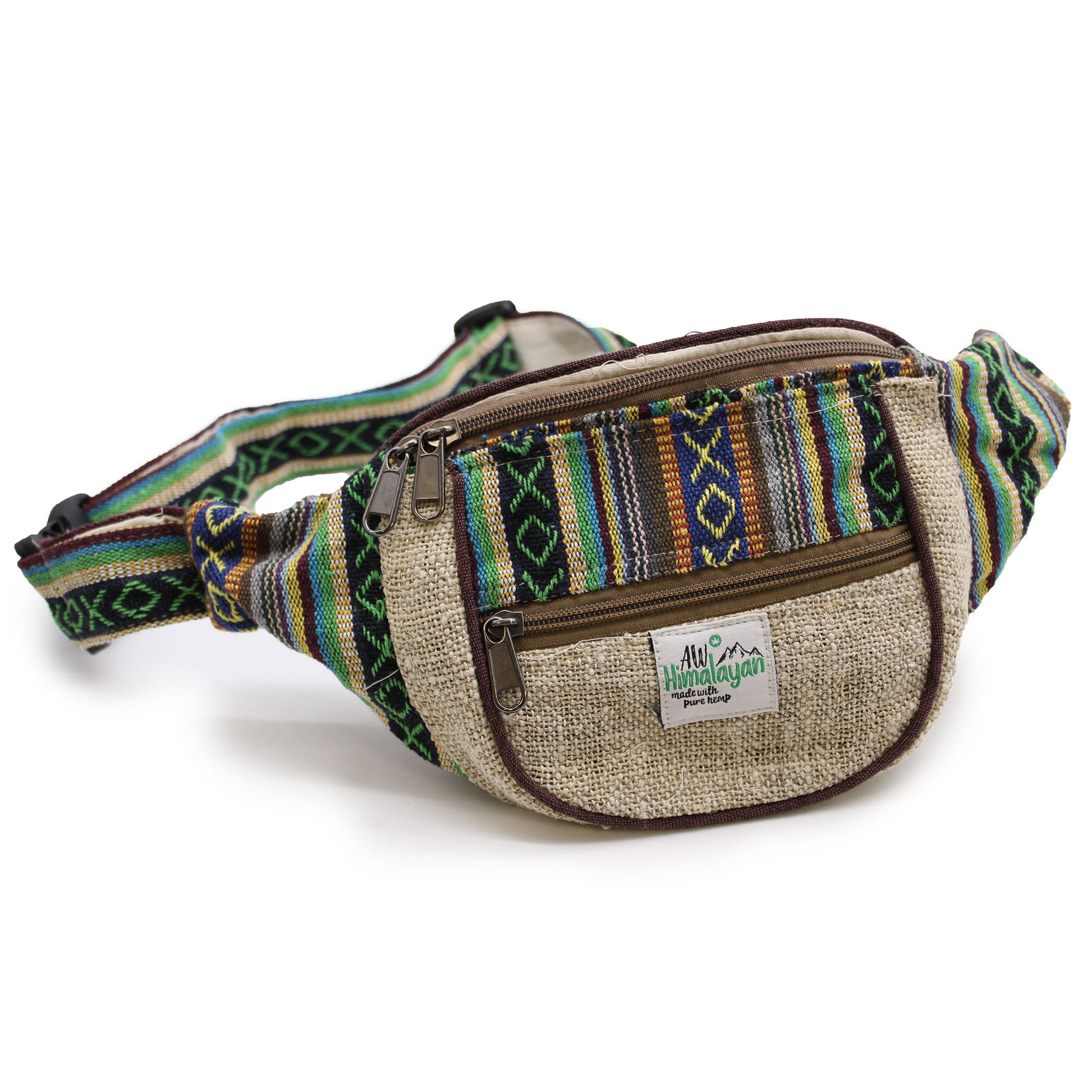 Fanny pack with colorful Greens and yellow patterned strap on a white background
