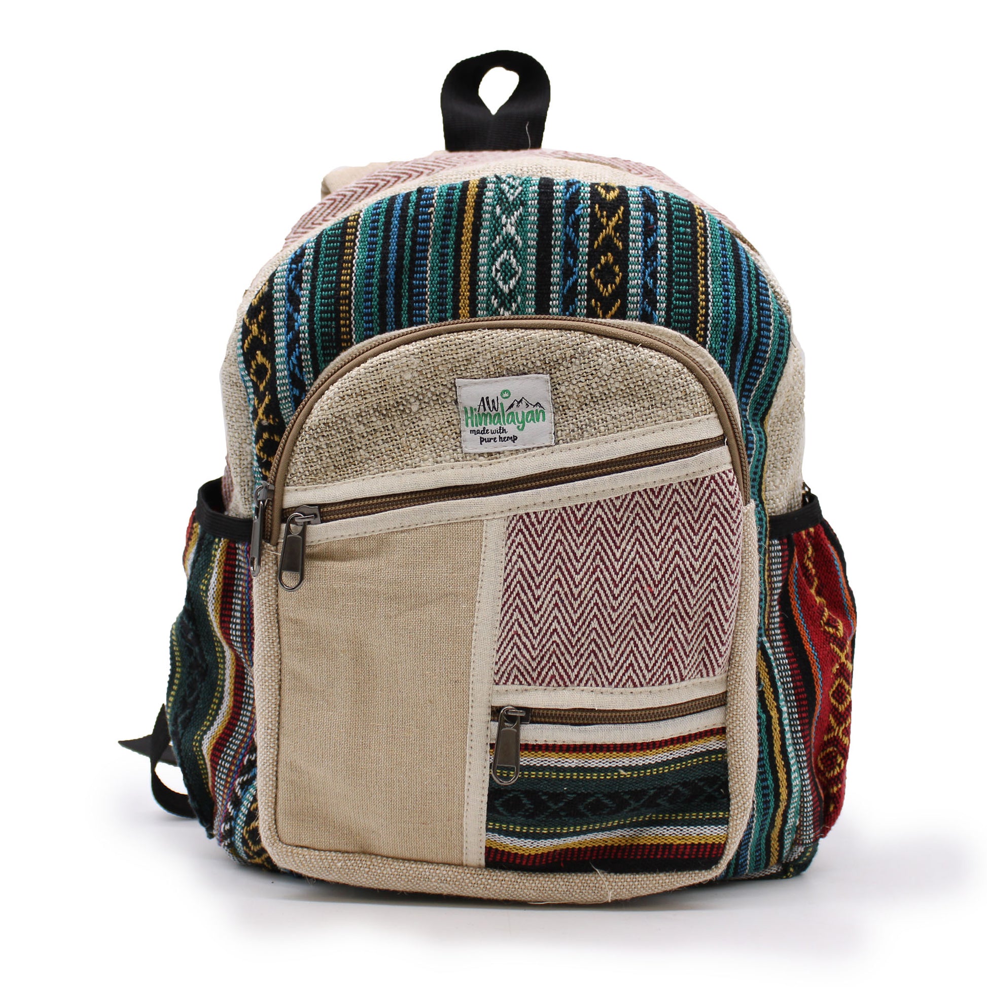 Multicolored patterned backpack with a visible brand label on a white background