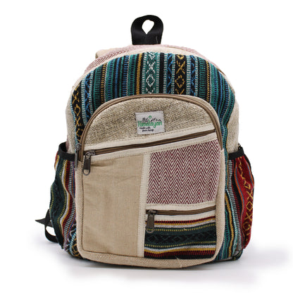 Multicolored patterned backpack with a visible brand label on a white background