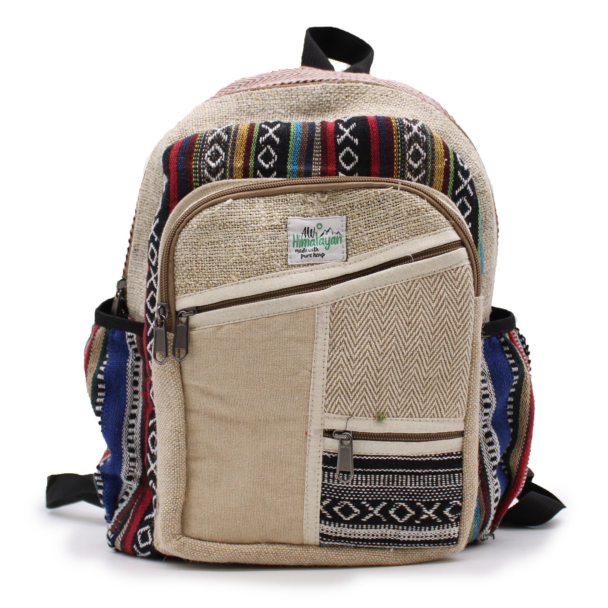 Beige backpack with colorful patterned straps on a white background