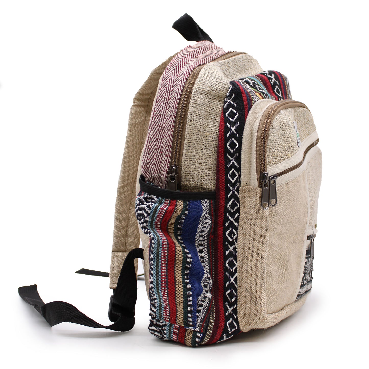 Beige backpack with colorful patterned accents on a white background