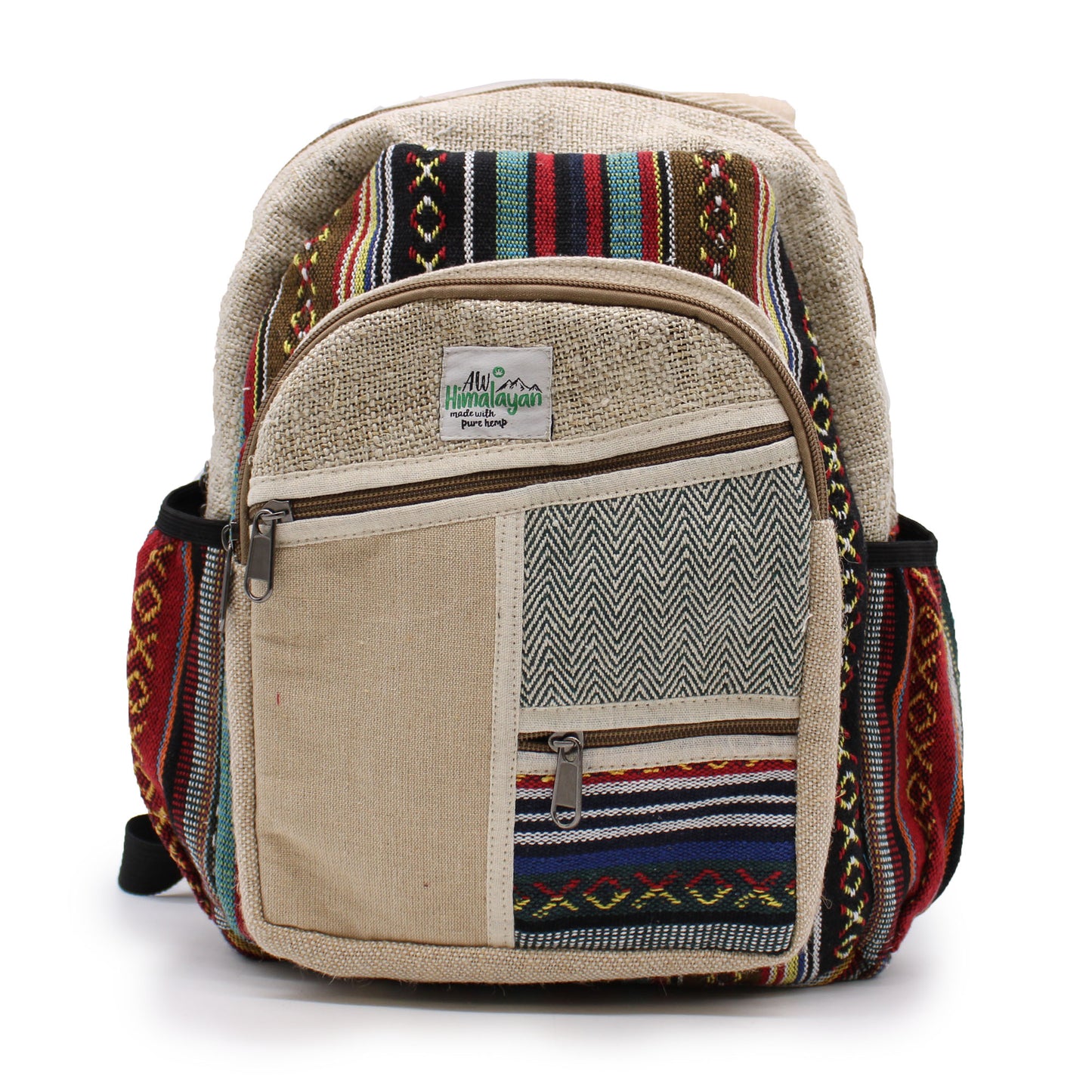 Beige backpack with colorful strips of brown black and red and blue patterned accents on a white background