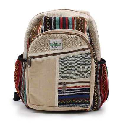 Beige backpack with colorful strips of brown black and red and blue patterned accents on a white background