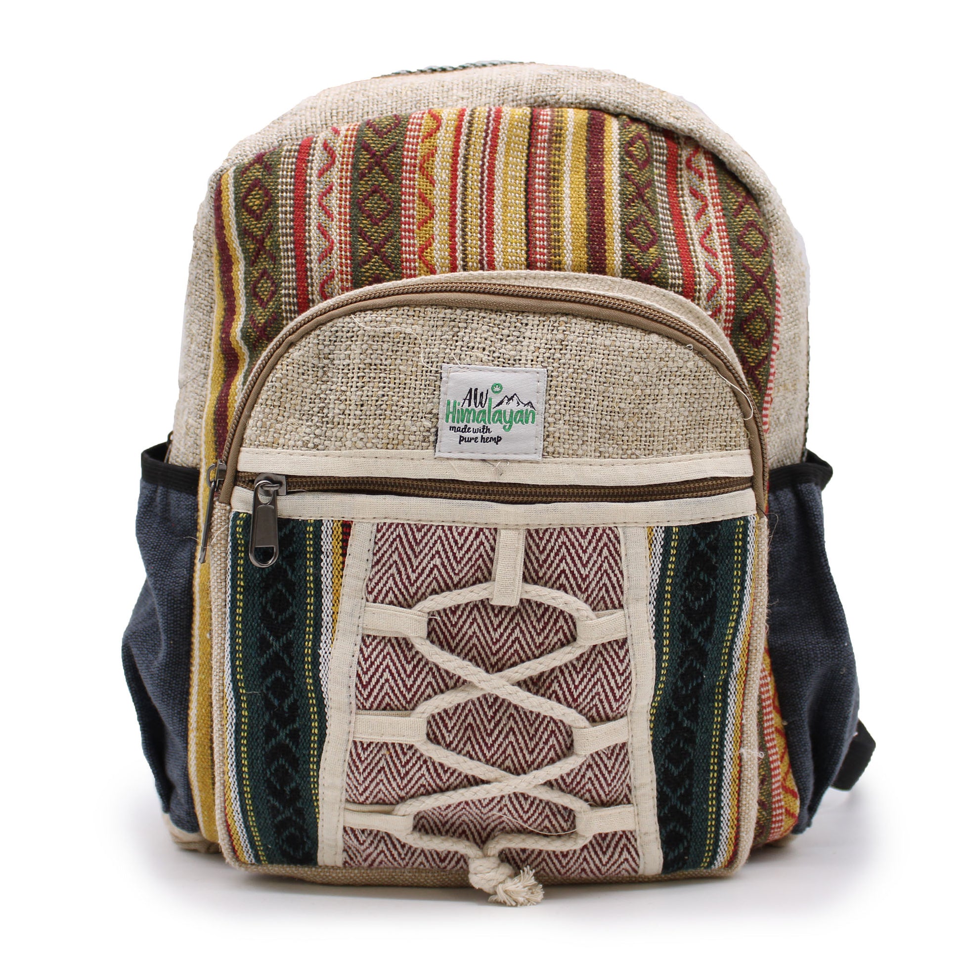 Backpack with colorful pattern and visible brand label on a white background