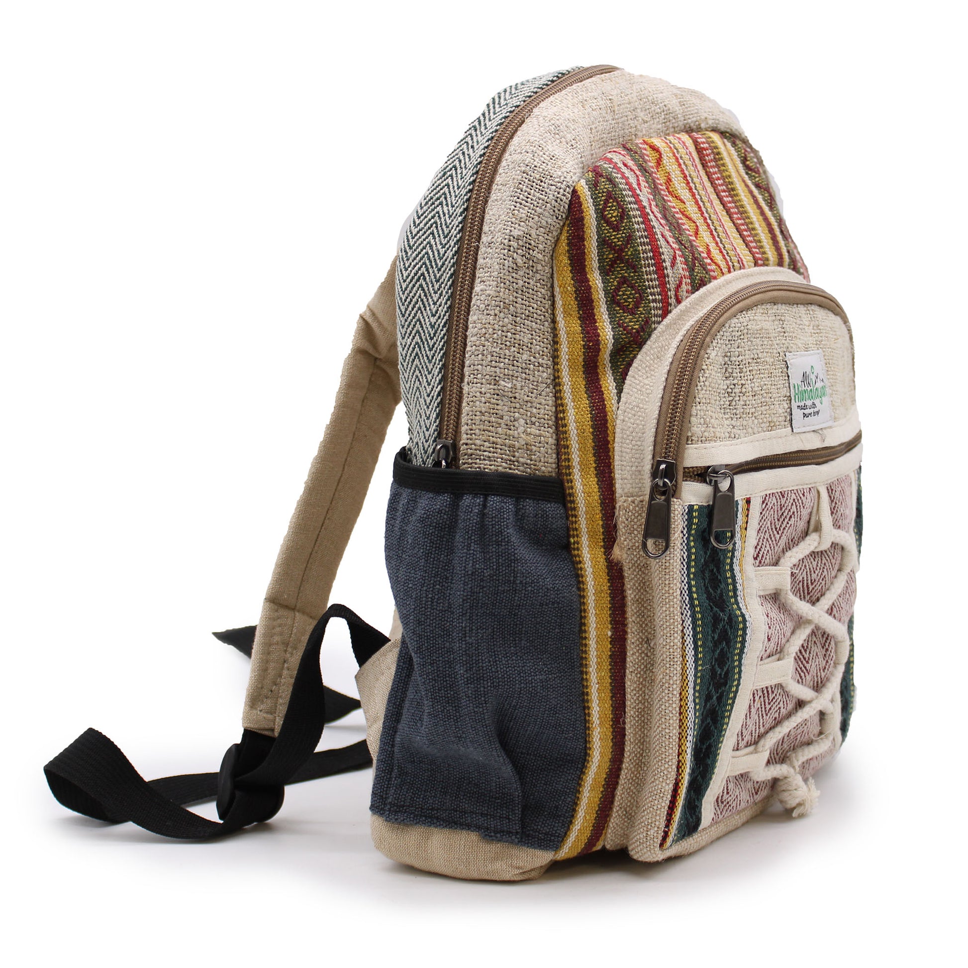 Multicolored backpack with patterned fabric on a white background