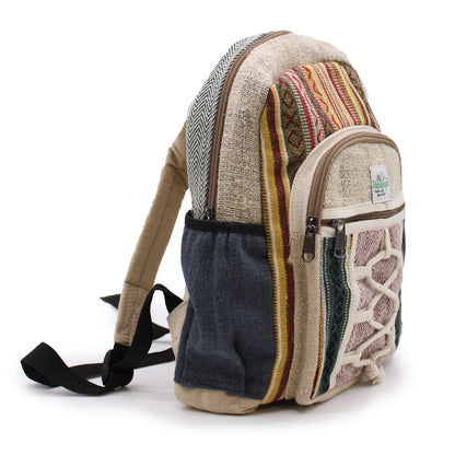 Multicolored backpack with patterned fabric on a white background