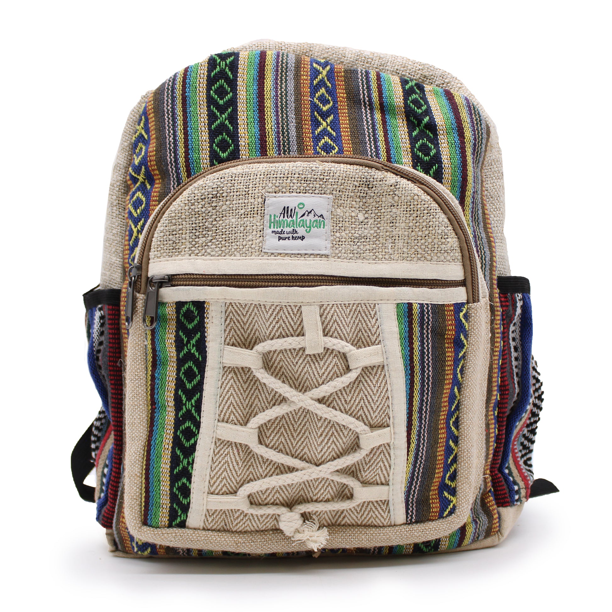 Backpack with colorful pattern and visible brand label on a white background