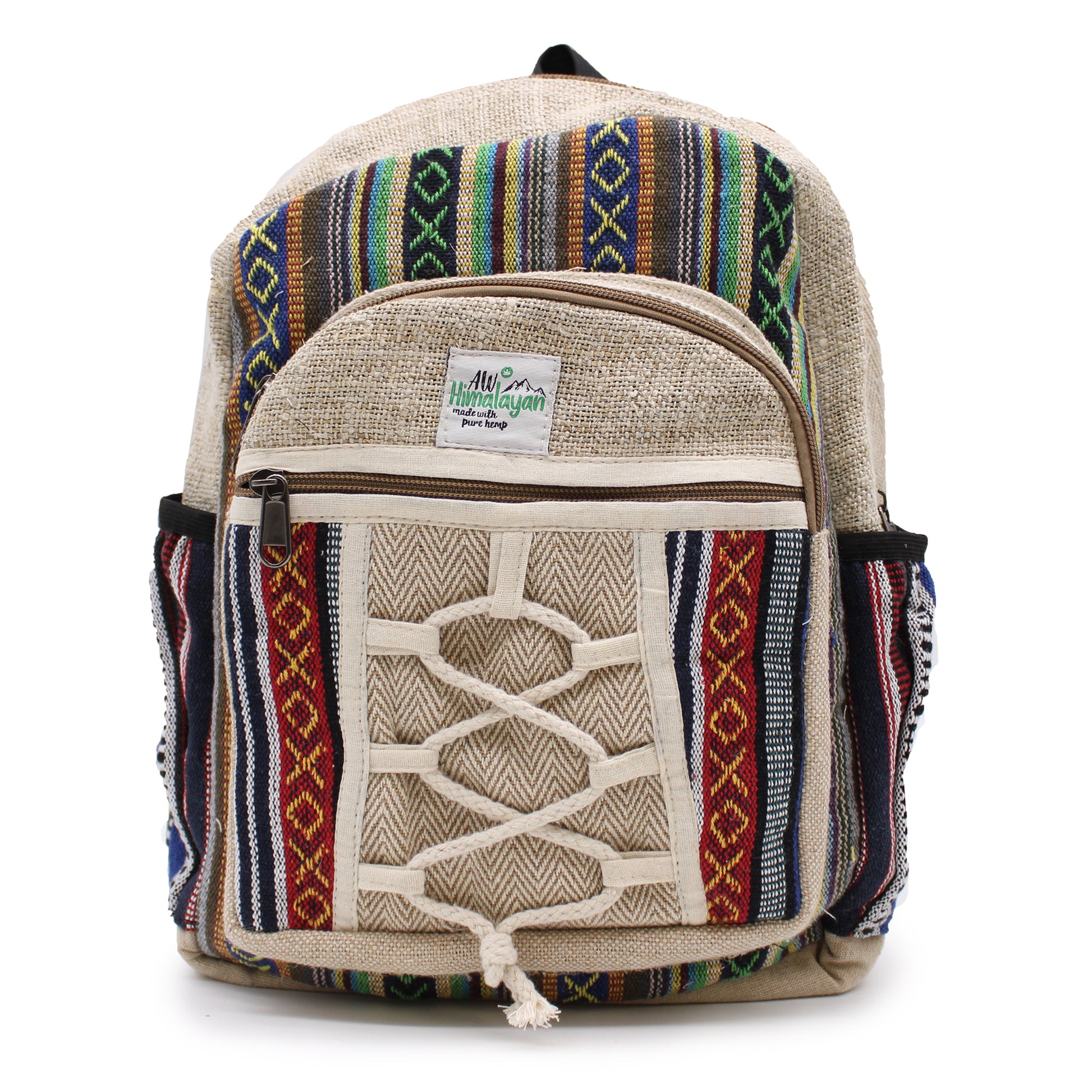 Backpack with colorful pattern and visible brand label on a white background