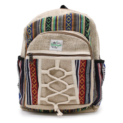 Backpack with colorful pattern and visible brand label on a white background