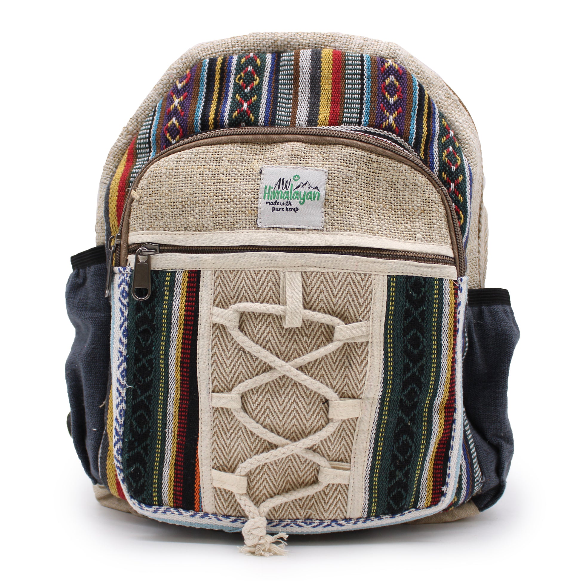 Backpack with colorful pattern stripes and visible brand logo on a white background