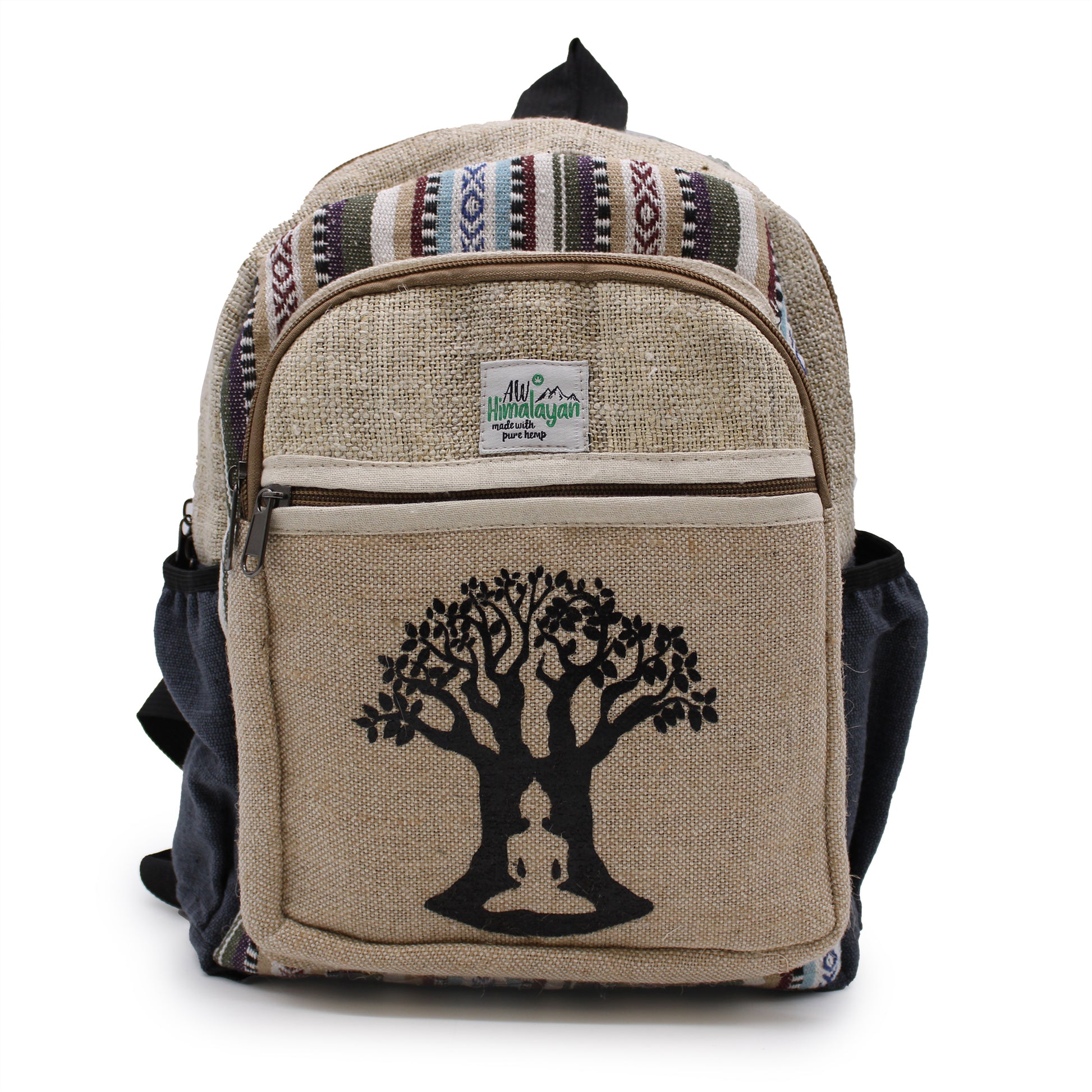 Beige backpack with Buddha design and tree of life symbol on a white background