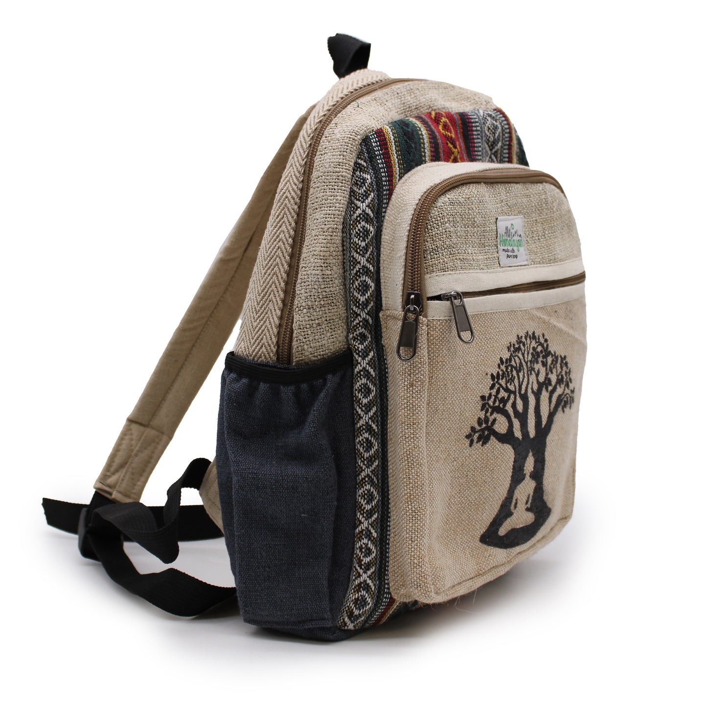 Side view of Beige backpack with tree design on a white background