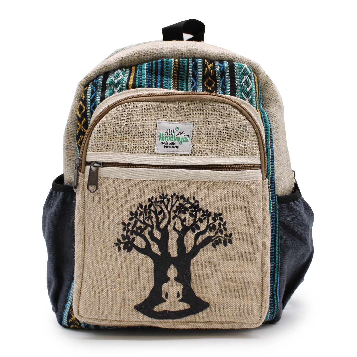 front view of Backpack with tree design and colorful pattern on a white background