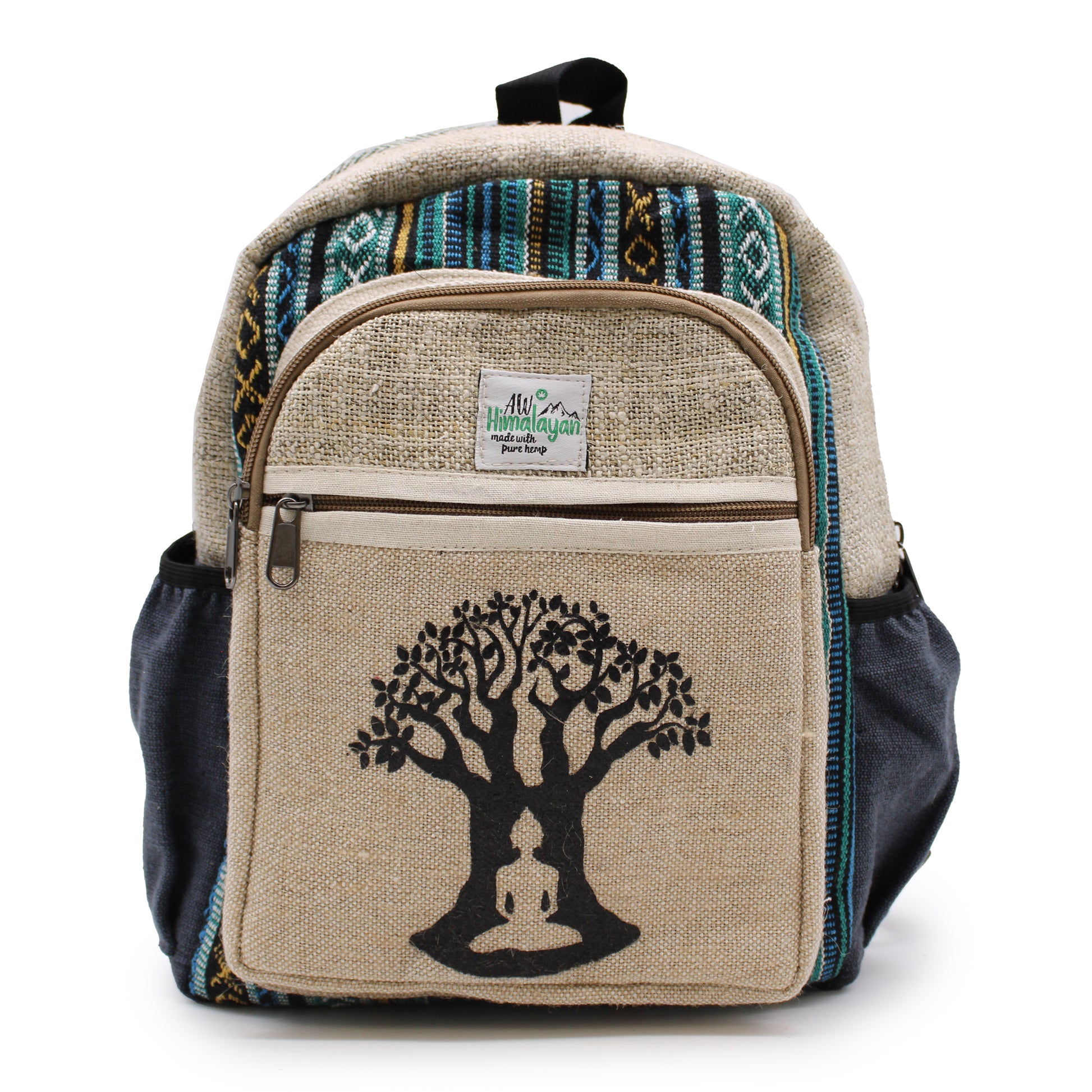 front view of Backpack with tree design and colorful pattern on a white background