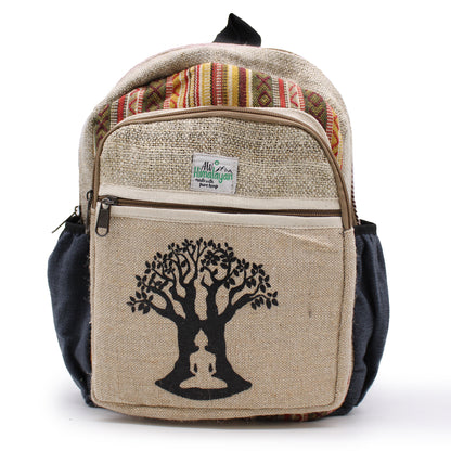 Backpack with tree design and colorful pattern on a white background