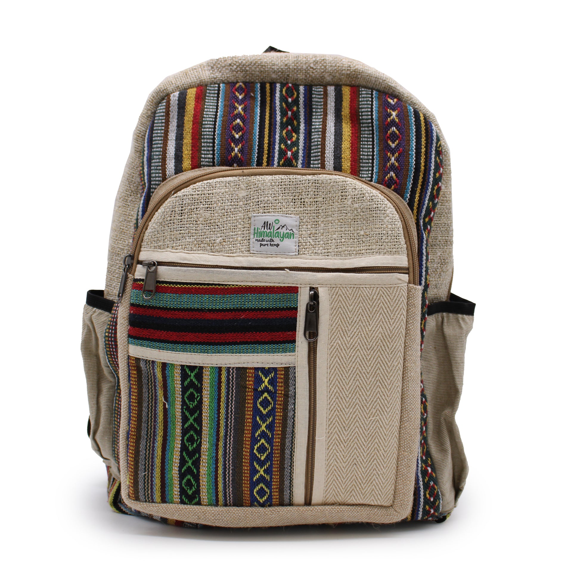 Beige backpack with multicolored pattern on a white background