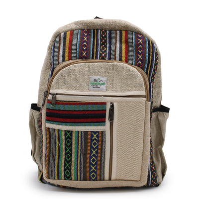 Beige backpack with multicolored pattern on a white background