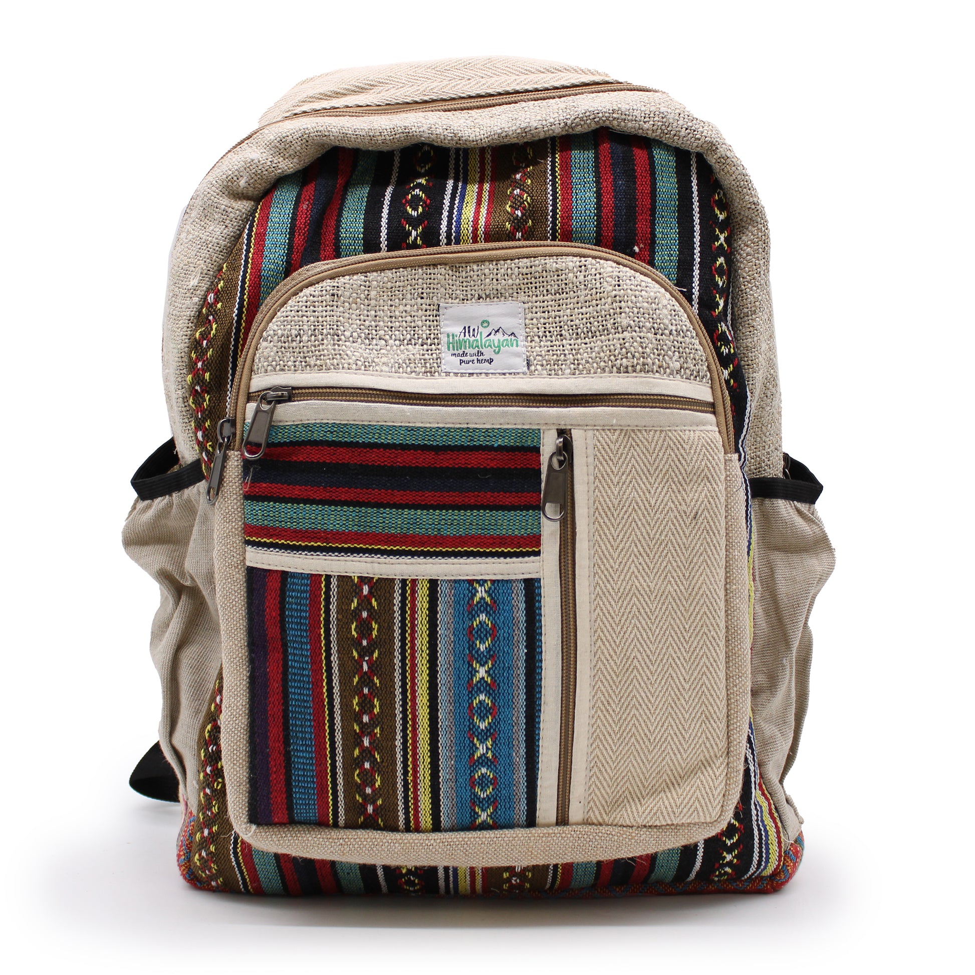 Backpack with colorful patterned accents on a white background