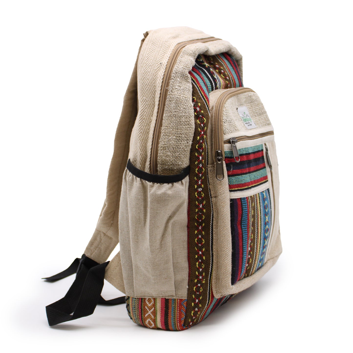 Side view Beige backpack with colorful patterned side panels on a white background