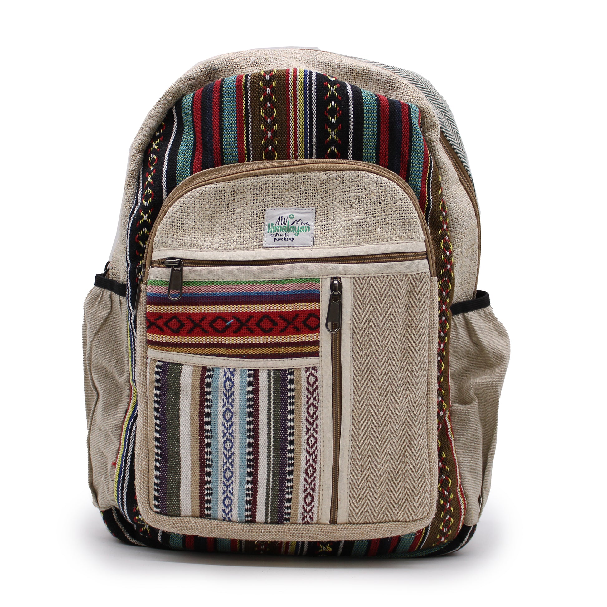 Beige backpack with colorful patterned accents on a white background