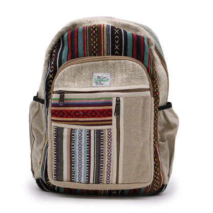 Beige backpack with colorful patterned accents on a white background