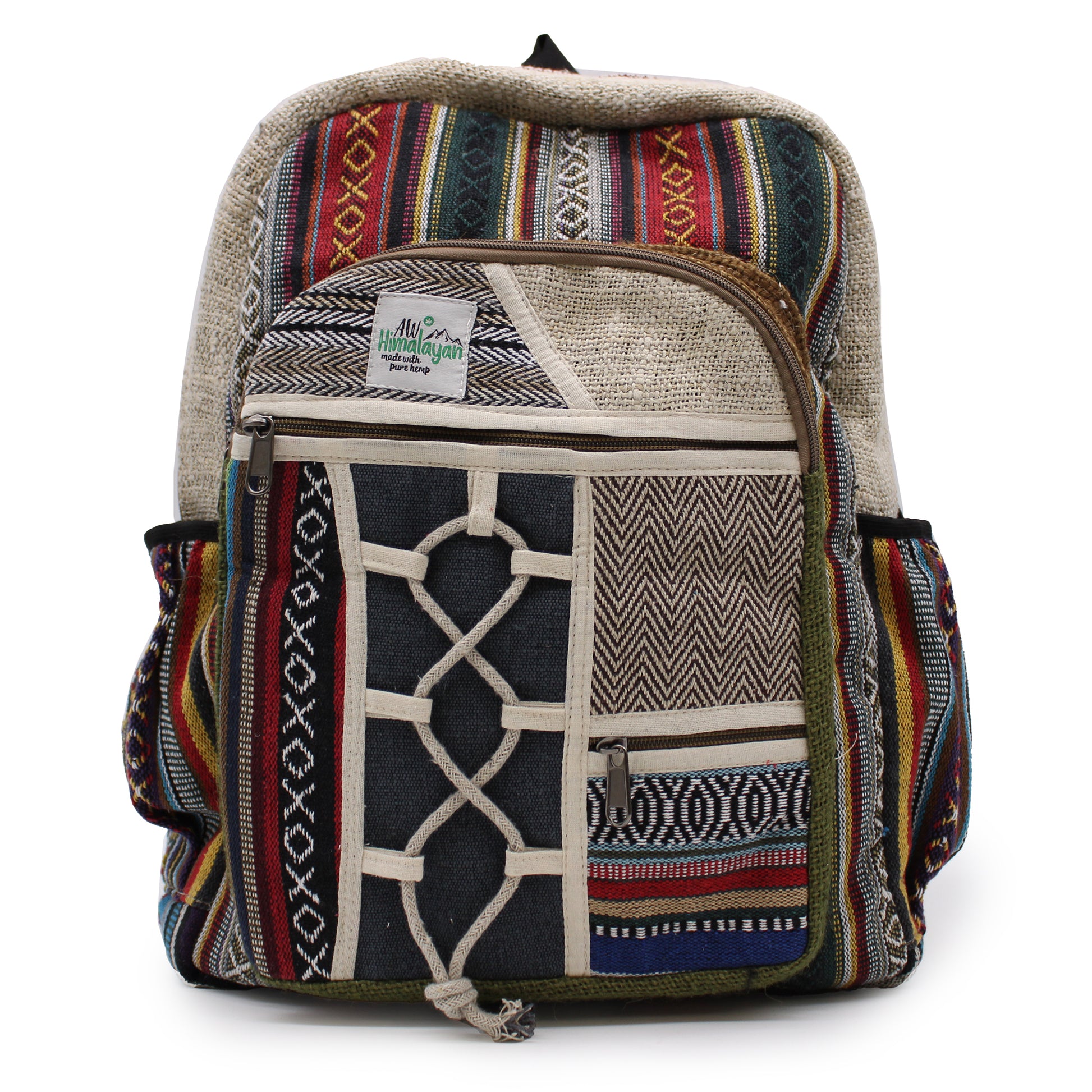 Multicolored patterned backpack on a white background