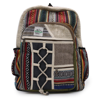 Multicolored patterned backpack on a white background