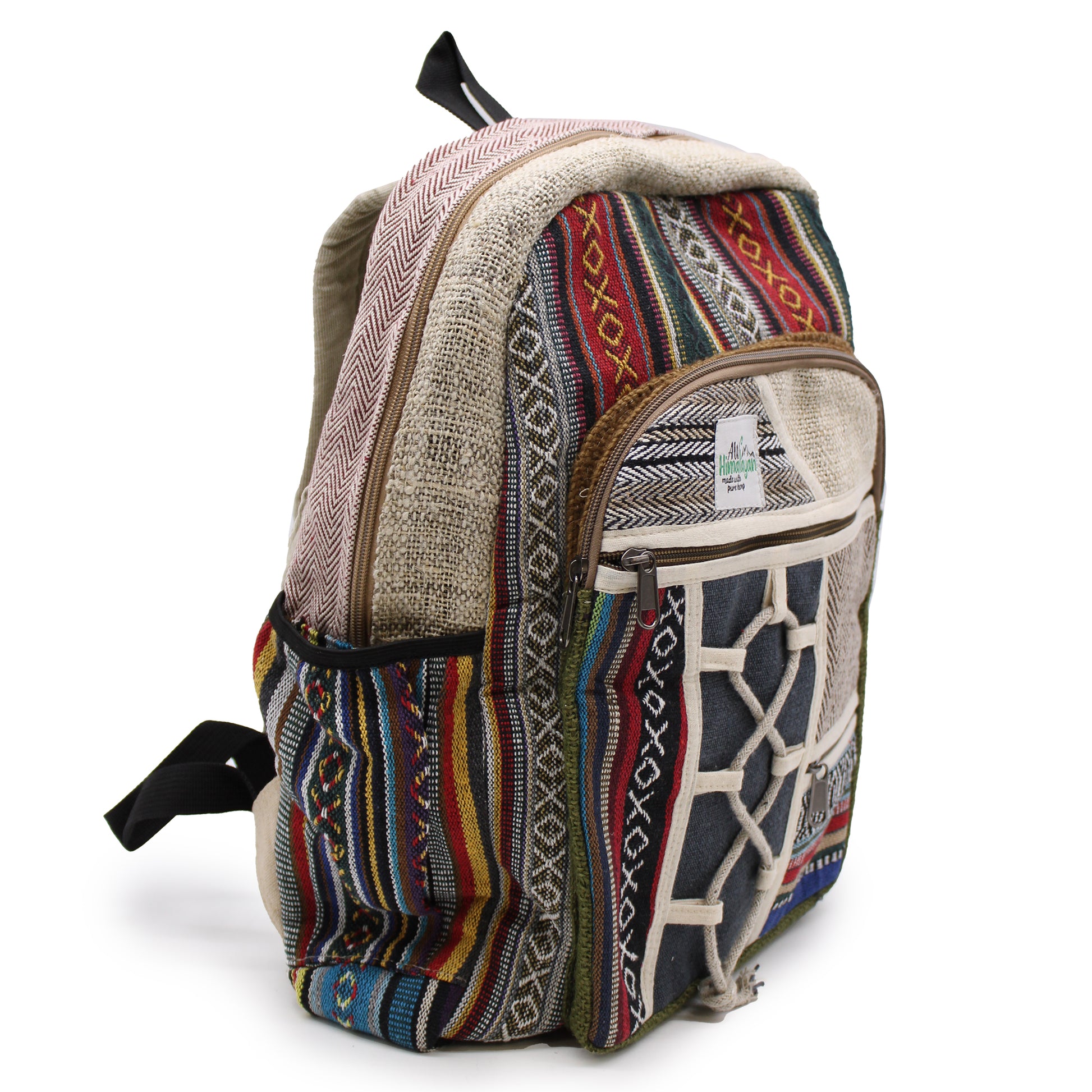 Side view Backpack with colorful pattern on a white background