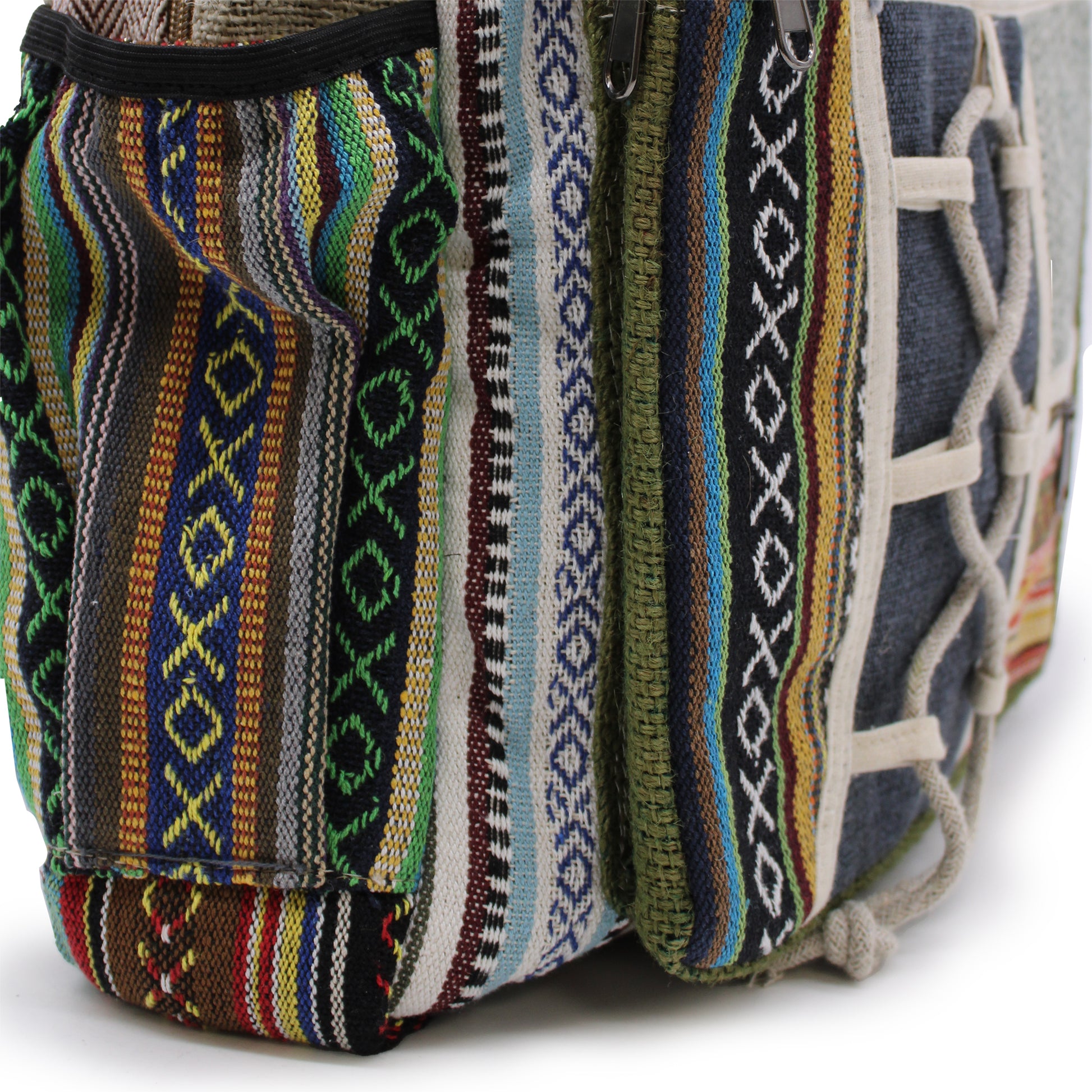 Colorful woven bag with geometric patterns on a white background