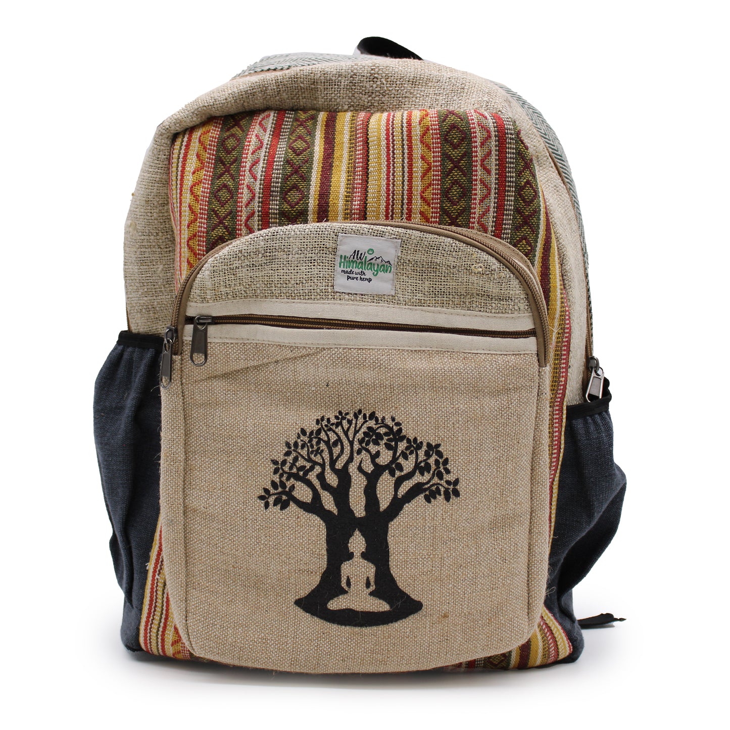 Backpack with tree of life design and striped pattern on a white background