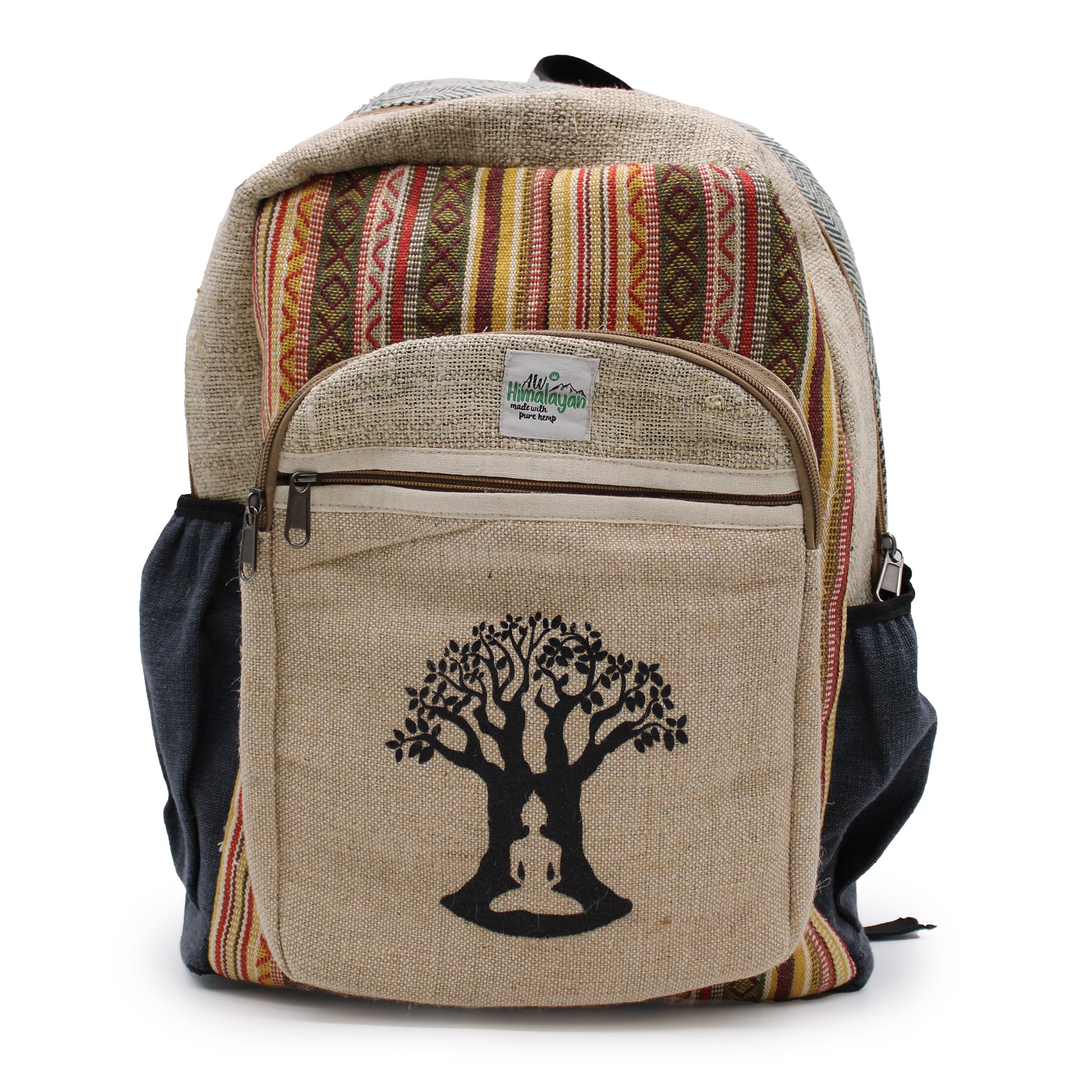 Backpack with tree of life design and striped pattern on a white background
