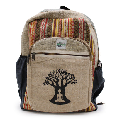 Backpack with tree of life design and striped pattern on a white background