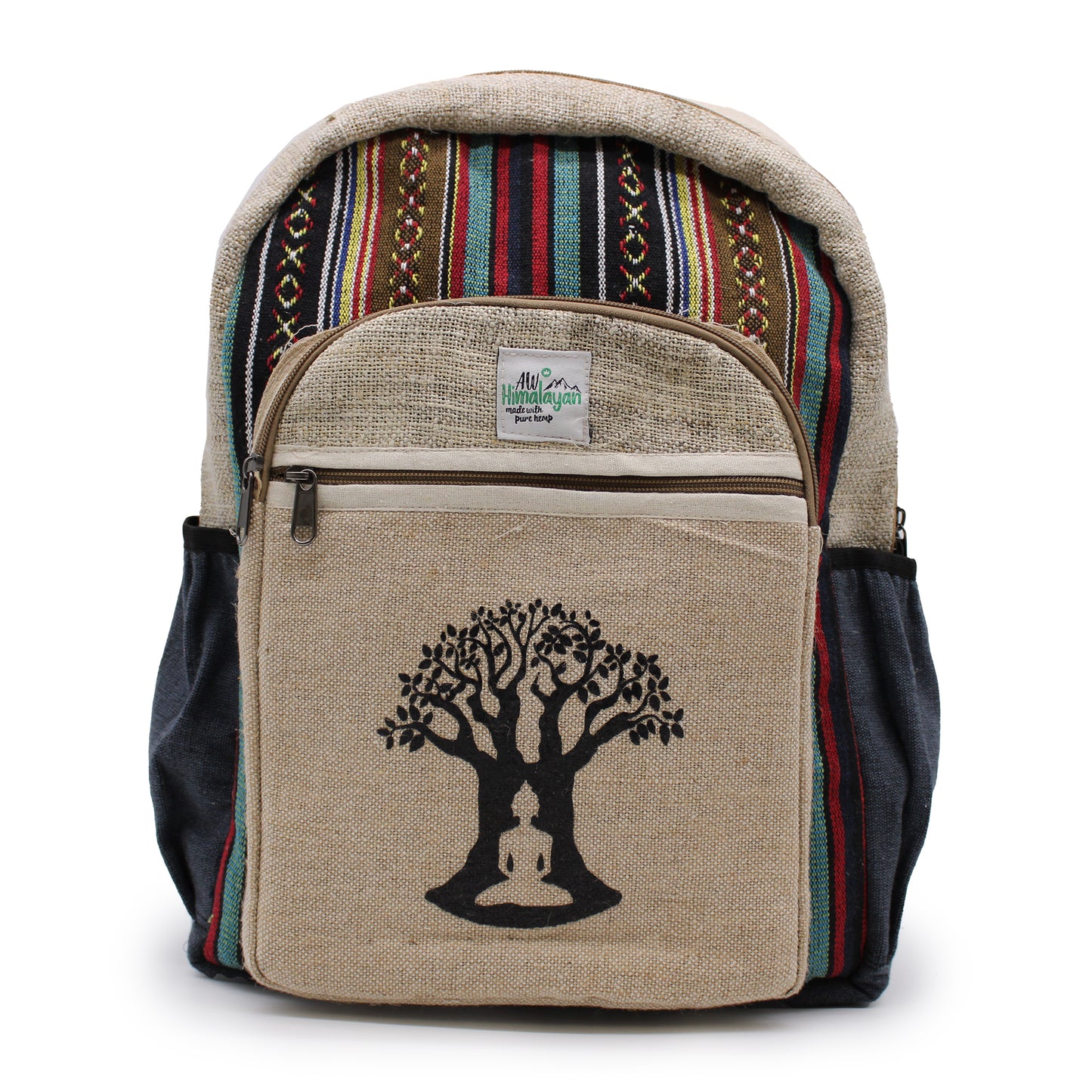 Backpack with tree of life design and colorful pattern on a white background