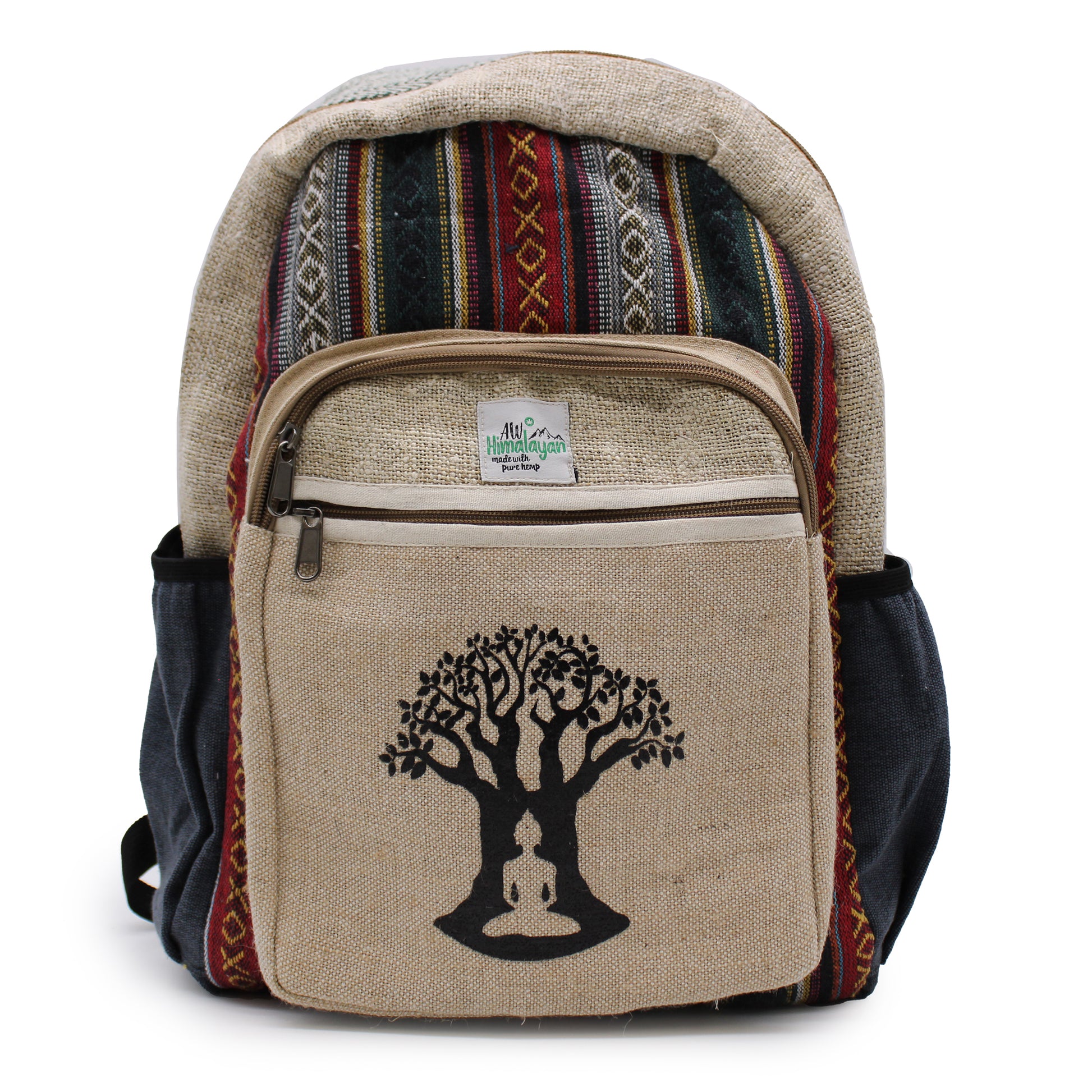 Backpack with tree of life design and patterned top section on a white background