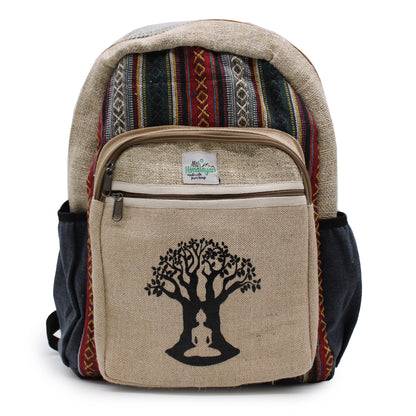 Backpack with tree of life design and patterned top section on a white background